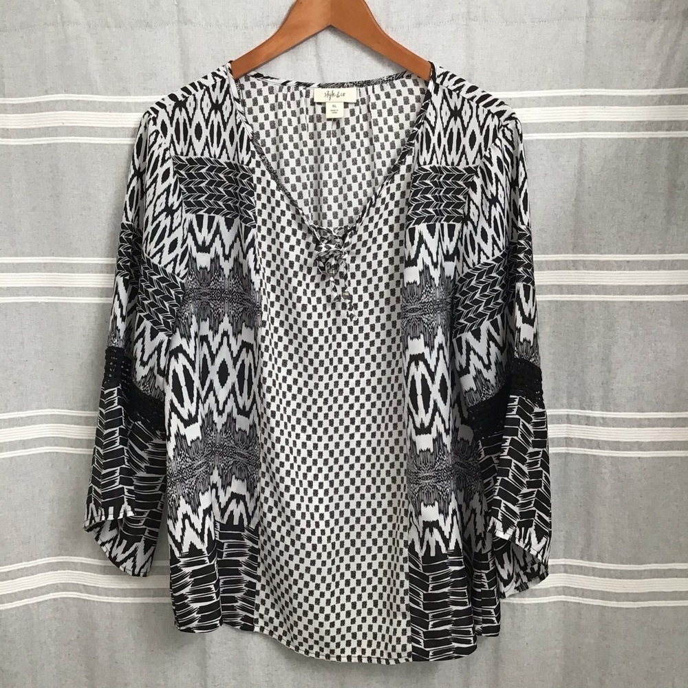 Style & Co Black & White 3/4 Sleeve Blouse Size XL